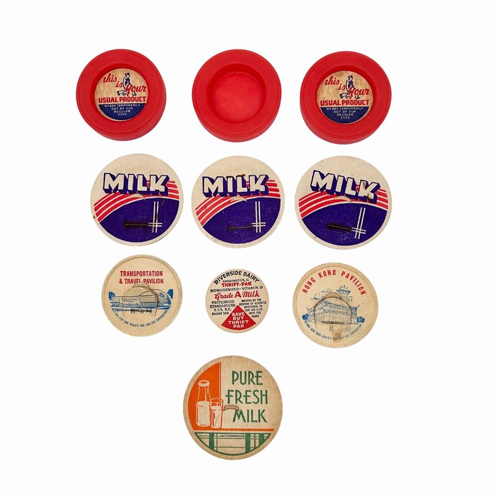 LOT OF 10 VINTAGE MILK CAPS AND INSERTS 1962/63 WORLD'S FAIR NYC RIVERSIDE DAIRY